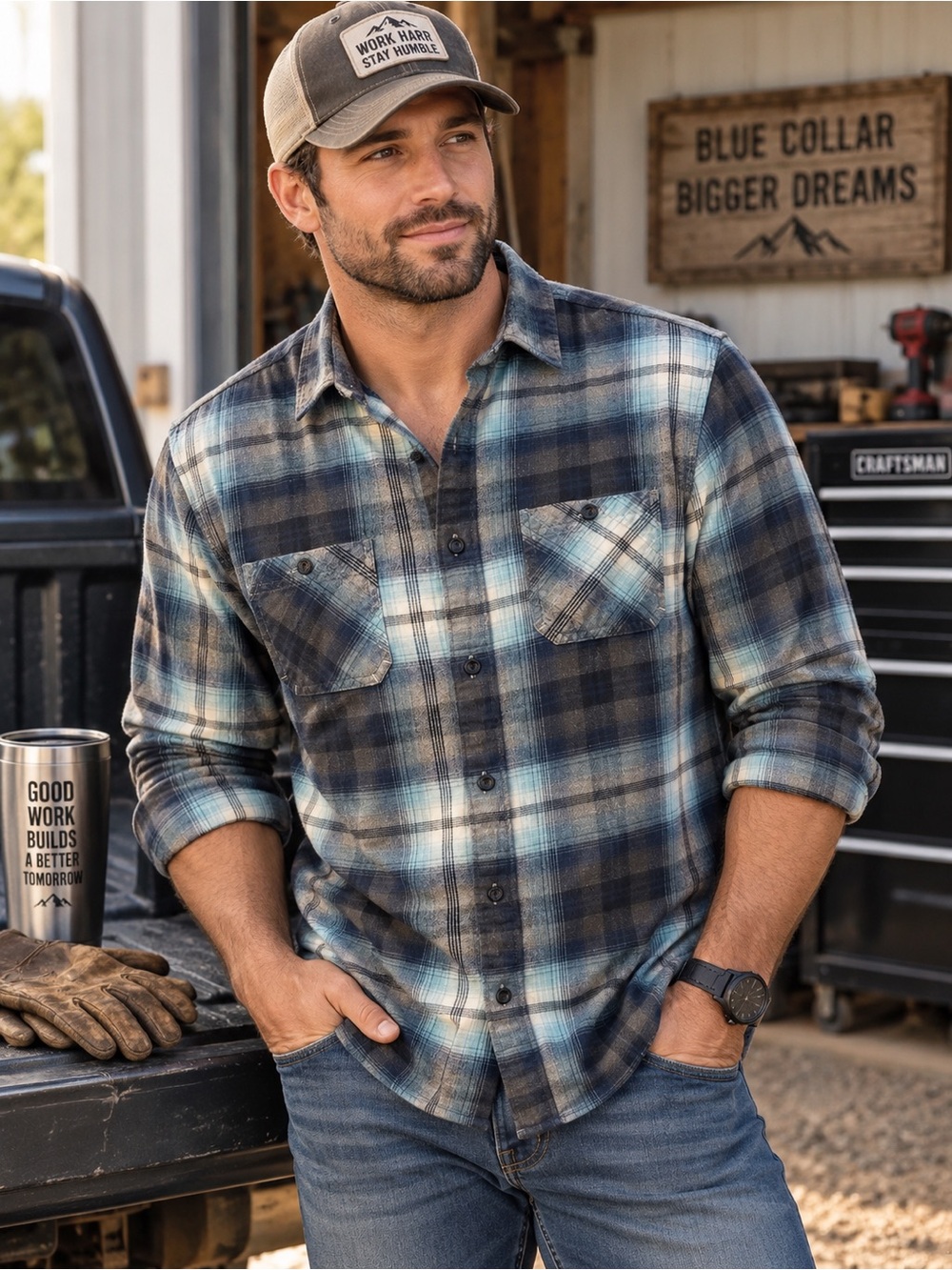 Urban Men’s Plaid Flannel Shirt Blue Gray Size M Blue Collar Workwear Button Up